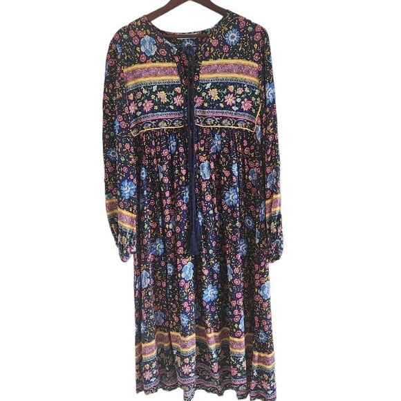 R. Vivimos Dress Womens 2XL Multi-Color Floral Print Long-Sleeve Midi A-Line - Picture 2 of 10